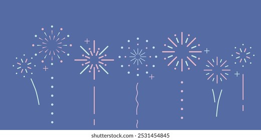 Pastel simple flat line fireworks collection. Minimal cute illustration isolated background. Design concept for holiday banner, celebration, poster, flyer, greeting card, decorative elements