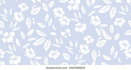 Pastel simple seamless pattern with abstract shapes small flowers, tiny leaves, buds. Abstract plain silhouettes floral printing on a light blue background. Vector hand drawing. Nature ornament 