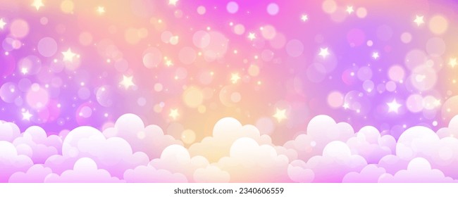 Pastel sky background with clouds and star. Fantasy soft color landscape. Cartoon fairy pink illustration. Vector gradient wallpaper.