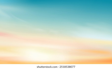 Pastel Sky in blue,orange,yellow,light green colour Background,Dramatic twilight landscape with Sunset in evening,Vector horizon Sunrise in Morning banner of Sunlight for four season backdrop