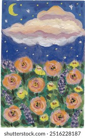 Céu pastel, nuvens e flores desenhado à mão aquarela ilustração clipart