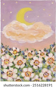 Pastellhimmel, Wolken und Blumen handgezeichnete Aquarell Illustration Clipart