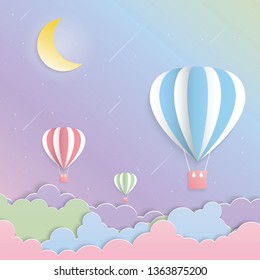 Pastel sky, Colorful balloon and moon paper art vector, Vector design