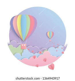 Pastel sky, Colorful balloon and moon paper art vector, Vector design