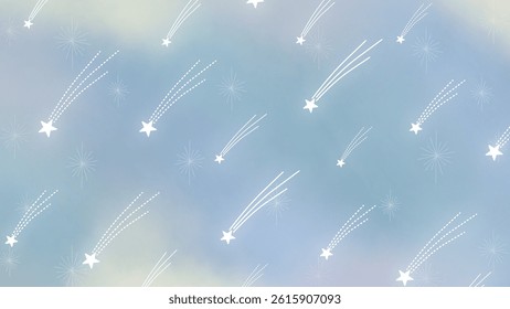 Pastel sky illustration with whimsical white shooting stars and sparkles on a soft gradient background. Perfect for children’s prints, wallpapers, textiles, and dreamy celestial themes.