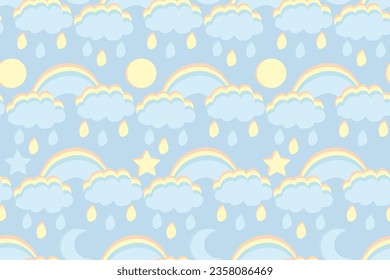 Pastel sky. Rainbow, cloud, rain, star, sun, moon. Tender colors. Trendy, stylish, fashionable, seamless vector pattern for design and decoration.
