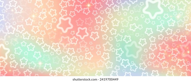 Pastel sky with stars and bokeh. Kawaii fantasy background. Magic glitter space with iridescent texture. Abstract vector wallpaper.