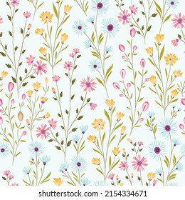 Pastel Small Wild Colorful Flowers Garden Pattern, Hand drawn Wallpaper and Background.