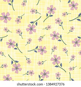 Pastel smoky pink hand drawn flowers on watercolour effect etched yellow background. Seamless vector pattern with vintage vibe. Perfect for packaging, wellness products, fabric, stationery, wrap