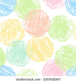 Pastel Soft Color Colorful Geometric Circle Forms Seamless Pattern. Hand Drawing Round Artistic Grunge Stroke Figure. Vector Crayon, Chalk Or Pencil Sphere Texture Abstract Background.