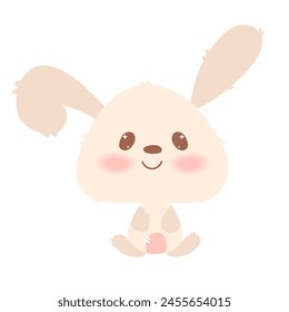 Pastel soft hand draw bunny illustration with floppy ears and sweet,cute expression isolated on white, for kids' decor and Easter themes.Kawaii style, flat. Vector illustration.