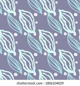 Pega un patrón suave y transparente con siluetas de hojas dibujadas a mano. Contorno adornado con colores azul y turquesa sobre fondo violeta claro con puntos. Para papel pintado, textil, envoltura, impresión de tela.