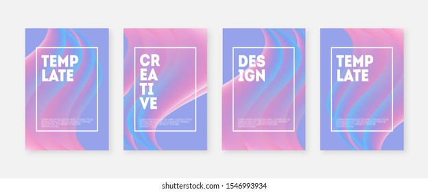 Pastel soft wavy cover set. Pink and blue gradient waves poster template