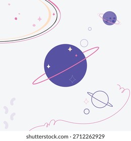 Fondo de Doodle espacial pastel con planetas y anillos, ilustración cósmica juguetona con planetas anillados púrpura, órbitas y destellos sobre un fondo claro