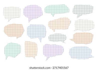 Pastel speech bubbles with grid paper texture. Cute abstract shapes for message, quote, note, planner, sticker, journal, education, and creative communication design.