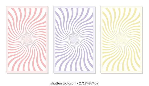 Conjunto de póster de rayo espiral pastel. Fondos ópticos de remolino rosa, púrpura y amarillo. Arte abstracto mínimo de la pared para los proyectos modernos del Diseño gráfico.