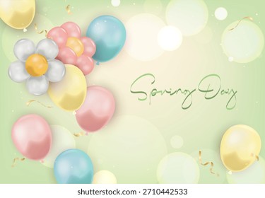 Pastel Spring Day Balloon Background with Flower Balloons for Posters, Greeting Cards, and Spring Promotions