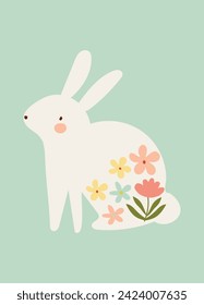 pastel spring easter bunny with flowers hand drawn clipart vector illustration for decoration invitation greeting birthday party celebration wedding card poster banner textiles wallpaper background