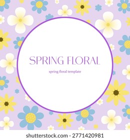 Pastel spring floral frame in square format with soft purple tones and delicate flowers. Ideal for social media posts, greeting cards, invitations, and elegant seasonal designs.
