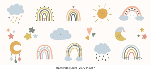 Pastel spring kids clipart set, boho rainbow, moon and sun baby design elements, easter theme cute isolated elements on white, cartoon vector illustration