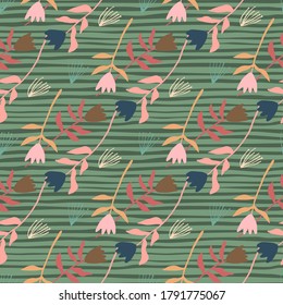 Pastel spring seamless pattern with tulip flowers. Stripped green background with multicolor floral ornament. Perfect for wallpaper, textile, wrapping paper, fabric print. Vector illustration.