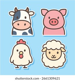 Un fondo cuadrado pastel con cuatro caras estilizadas de animales bebés: una vaca, un cerdo, un pollito y un cordero.