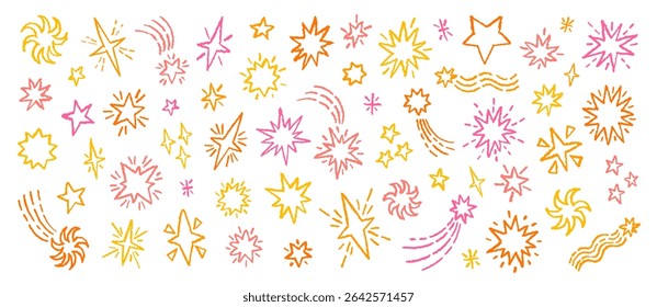 Estrela pastel. Escove crayon mão desenhada estrela. Plano de fundo do marcador de lápis de linha. Padrão do ícone de esboço. Textura de giz. Elemento de cometa de fogo de artifício de flor mágica de vetor. Lindo criança Natal twinkle faísca bg