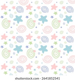 pastel star doodle seamless pattern illustration. Diverse celebration background print. Birthday event, holiday backdrop texture, party design.