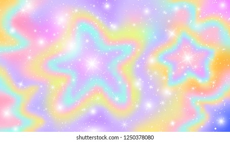 Pastel Star Wave Falling Snow Glow Star Background. Colorful Sky Holographic Cloud Rainbow Christmas New Year Celebration Vector