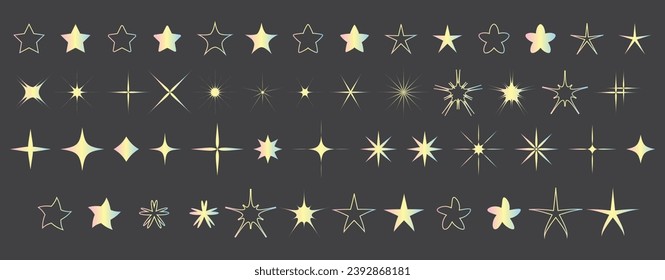 Pastel Stars Collection. Different Star Shapes in Pastel Gradient Yellow Blue Pink Colors. Star icons set vector illustration. Modern Flat Stars