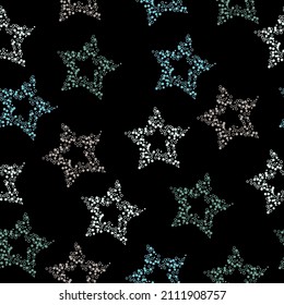 Pastel stars on black seamless background. Seamless pattern with multicolored glitter textured stars on the black background.
