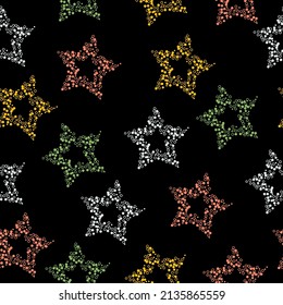Pastel stars on black seamless background. Modern paint pattern for birthday card, party invitation, wallpaper sale, holiday wrapping paper, fabric, bag print.