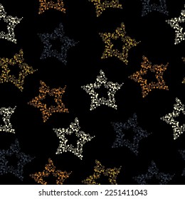 Pastel stars on black seamless background. Seamless pattern with multicolored glitter textured stars on the black background.