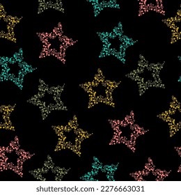 Pastel stars on black seamless background. Abstract template for card, wallpaper, album, scrapbook, holiday wrapping paper, textile fabric, clothing, t-shirt design, etc.