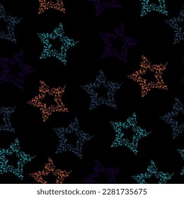 Pastel stars on black seamless background. Seamless pattern with multicolored glitter textured stars on the black background.