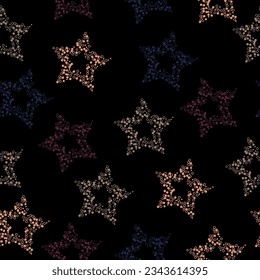 Pastel stars on black seamless background. Seamless pattern with multicolored glitter textured stars on the black background.