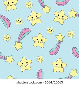 Pastel stars seamless pattern on blue background. Kids cute happy cartoon for baby clothes, nursery art, sticker, print, pop art, fabric, wrapping. Vector illustration