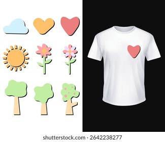 Pastel sticker bundle: cloud, heart, sun, flowers, trees on white tee mock-up. Cute kidcore vector for summer T-shirts, hoodies, nursery decor, craft cutting, sublimation or eco gift merch.