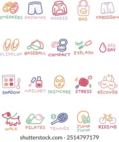 pastel sticker daily study exercise weather hobby clothes food emotion
