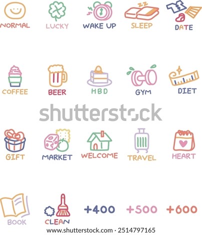 pastel sticker daily study exercise weather hobby clothes food emotion