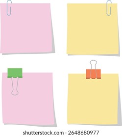 Pastel Sticky Notes with Paper Clips and Binder Clips Flat Style for Office Memo and Planner Design