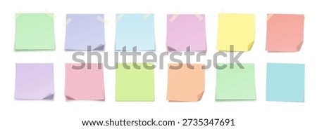 Pastel Sticky Notes with Taped and Folded Corners. Blank Colorful Paper Memo Mockup. Vector Illustration