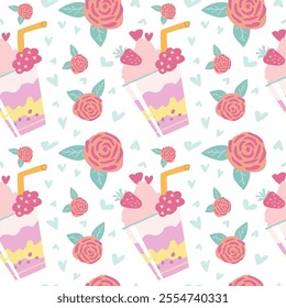 Pastel strawberry milkshake and rose pattern with hearts.