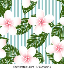Pastel striped vector tropical pattern. Plumeria, frangipani.