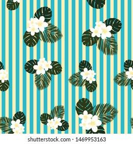 Pastel striped vector tropical pattern. Plumeria, frangipani.
