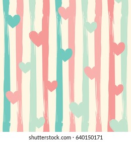 Pastel stripes and hearts. Seamless vector pattern.