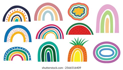 Pastel stylish colorful summer trendy decorative rainbows colors tail vector illustrations. Cartoon rainbows arc with heart and doodles collection. Rainbows, cute clouds, pineapple, watermelon