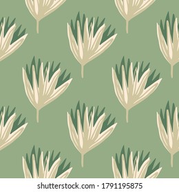 Pastel stylized floral seamless pattern with tulip buds. Flowers in beige tones on soft green background. Design for wallpaper, textile, wrapping paper, fabric print. Vector illustration.