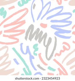 Pastel subtle color hand drawn scribble abstract seamless pattern. Vector childish drawing. Curly strokes, muted colors marker scrawls as graphic design wallpaper.