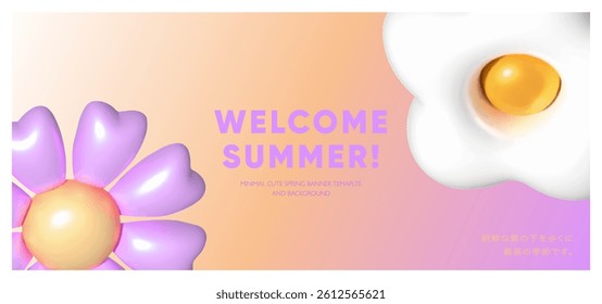 Pastel summer floral 3d banner with purple heart petals and white flower bloom on peach pink gradient background for seasonal sale and cute holiday poster design